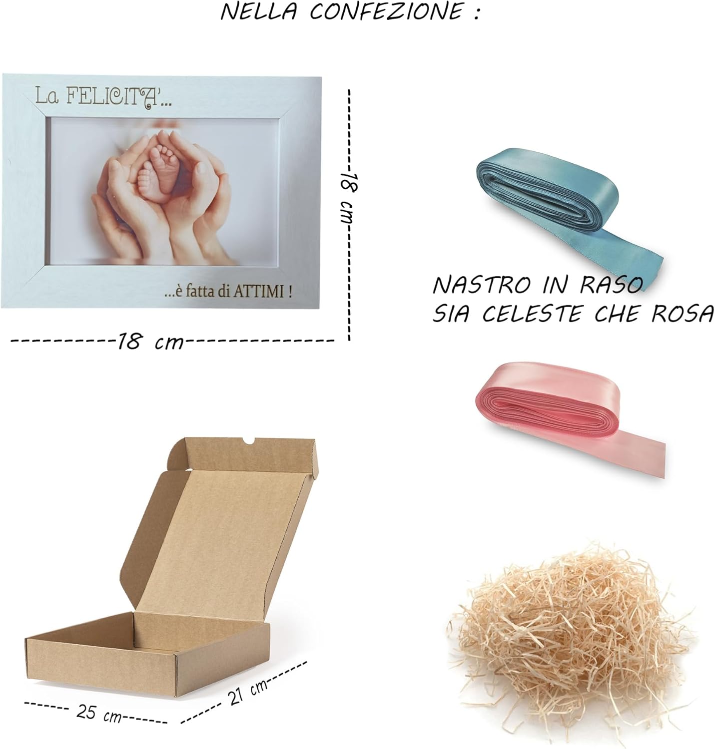 Bomboniere Battesimo Bambino Bambina Cornice in Legno Naturale o Bianca Regalo Nascita in Scatola con Fiocco e Incisione Frase Felicità - Giomel