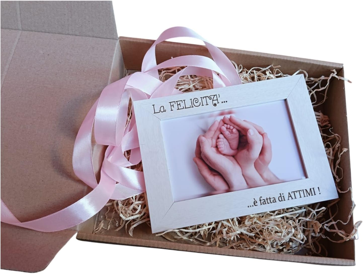 Bomboniere Battesimo Bambino Bambina Cornice in Legno Naturale o Bianca Regalo Nascita in Scatola con Fiocco e Incisione Frase Felicità - Giomel