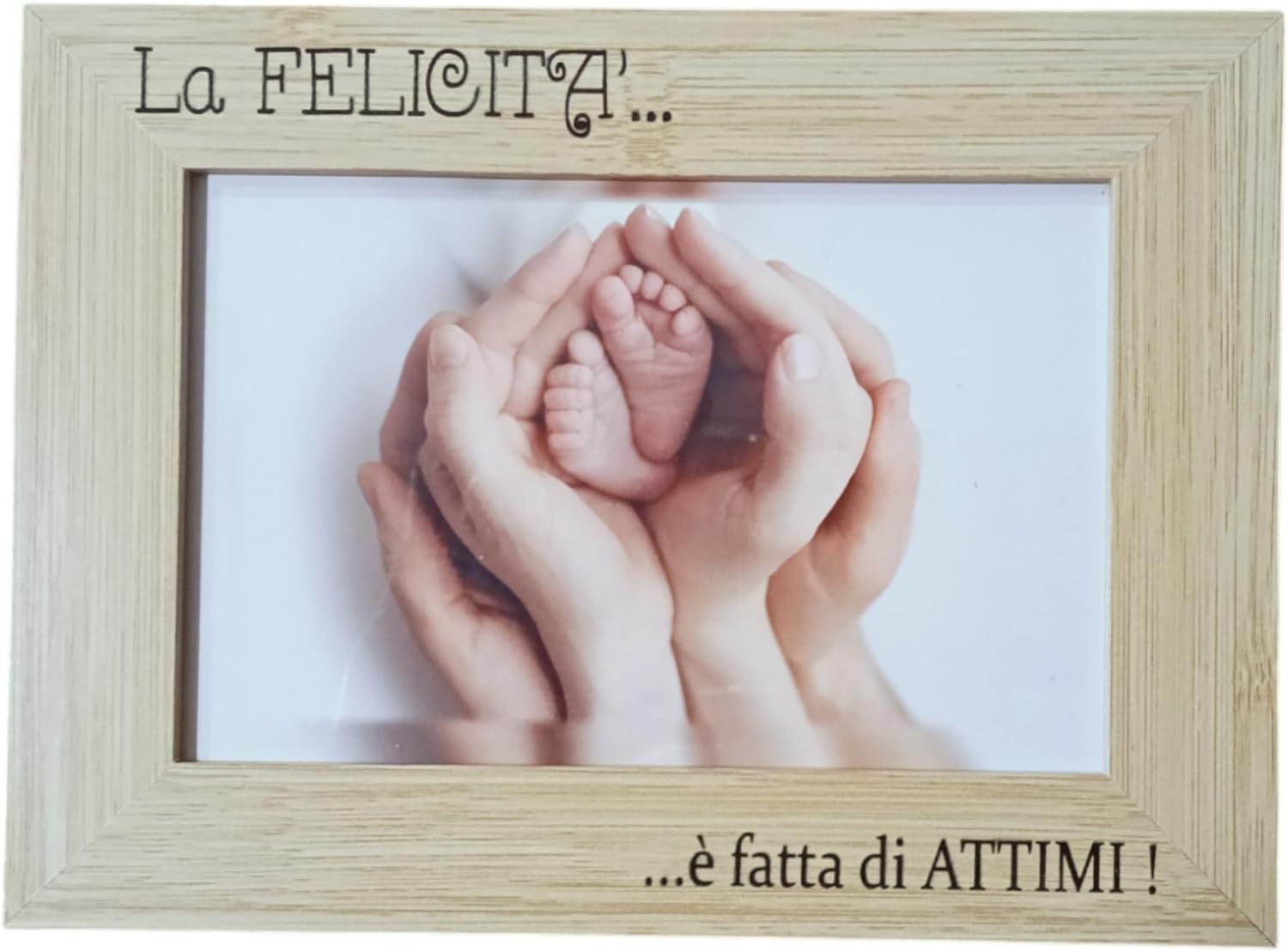 Bomboniere Battesimo Bambino Bambina Cornice in Legno Naturale o Bianca Regalo Nascita in Scatola con Fiocco e Incisione Frase Felicità - Giomel