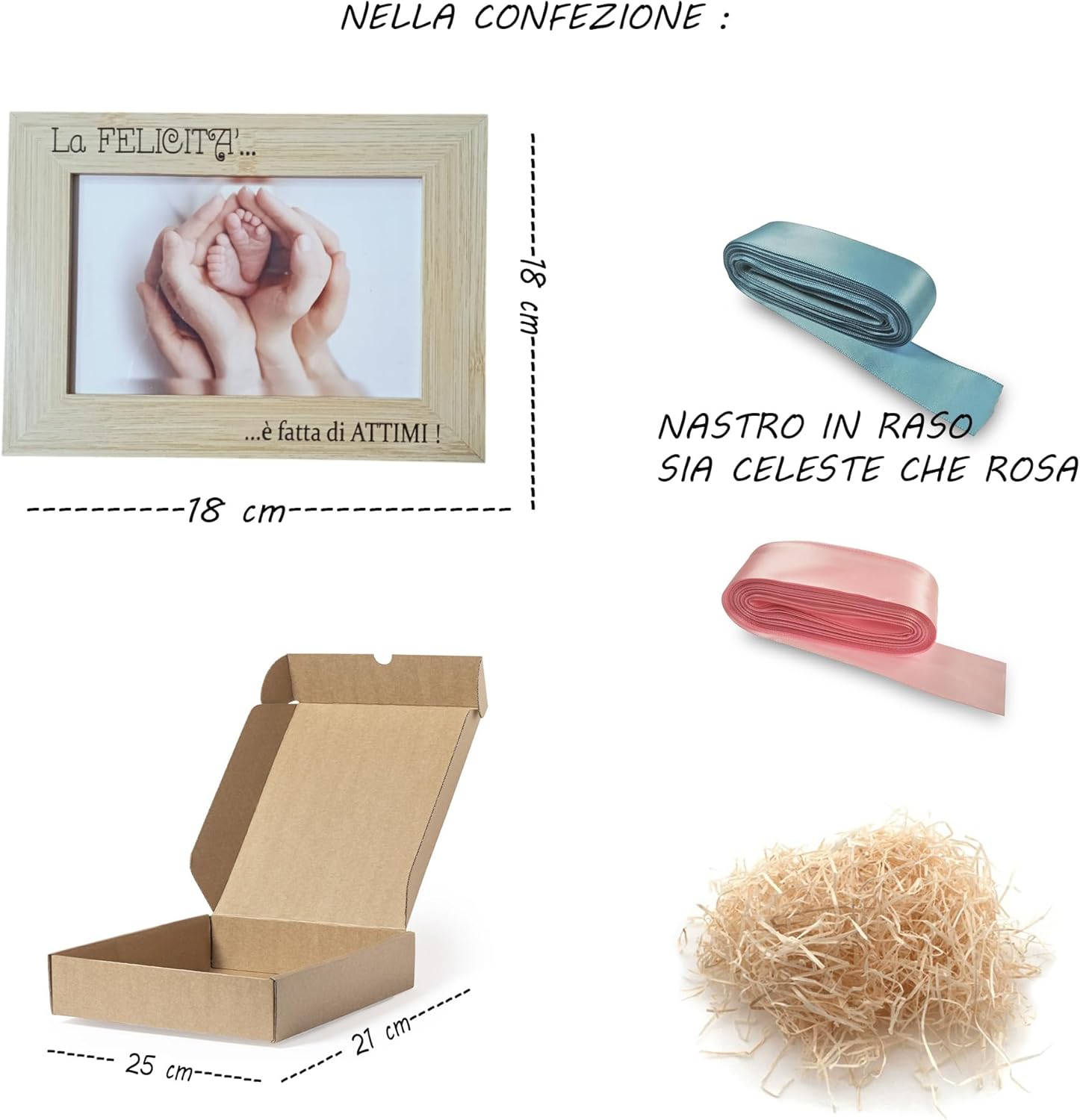 Bomboniere Battesimo Bambino Bambina Cornice in Legno Naturale o Bianca Regalo Nascita in Scatola con Fiocco e Incisione Frase Felicità - Giomel