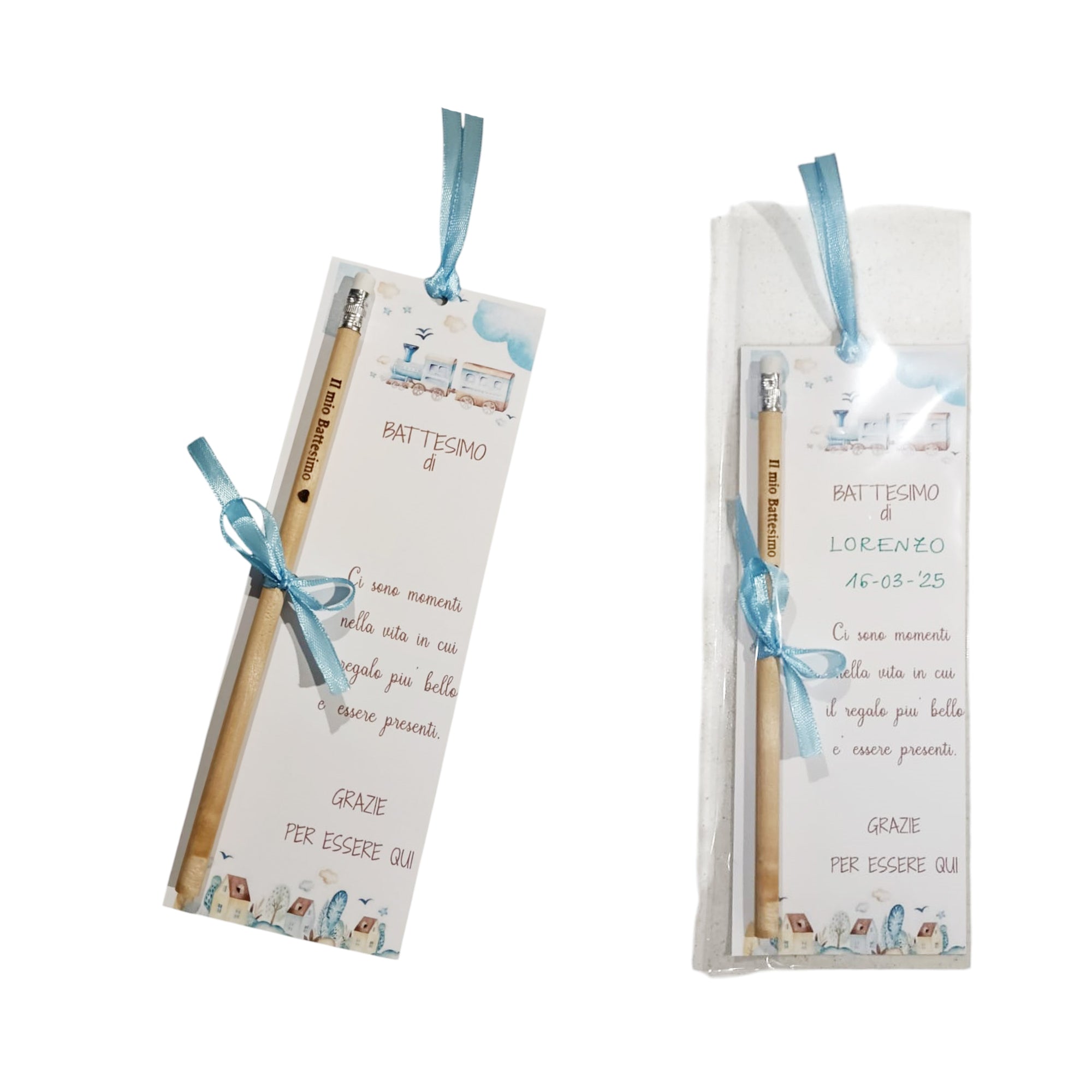 Segnaposto Battesimo Bimbo Trenino Segnalibri con Matite Bigliettini Cartoncini Ringraziamento, Decorazione Allestimento Tavolo 30 pz - Giomel
