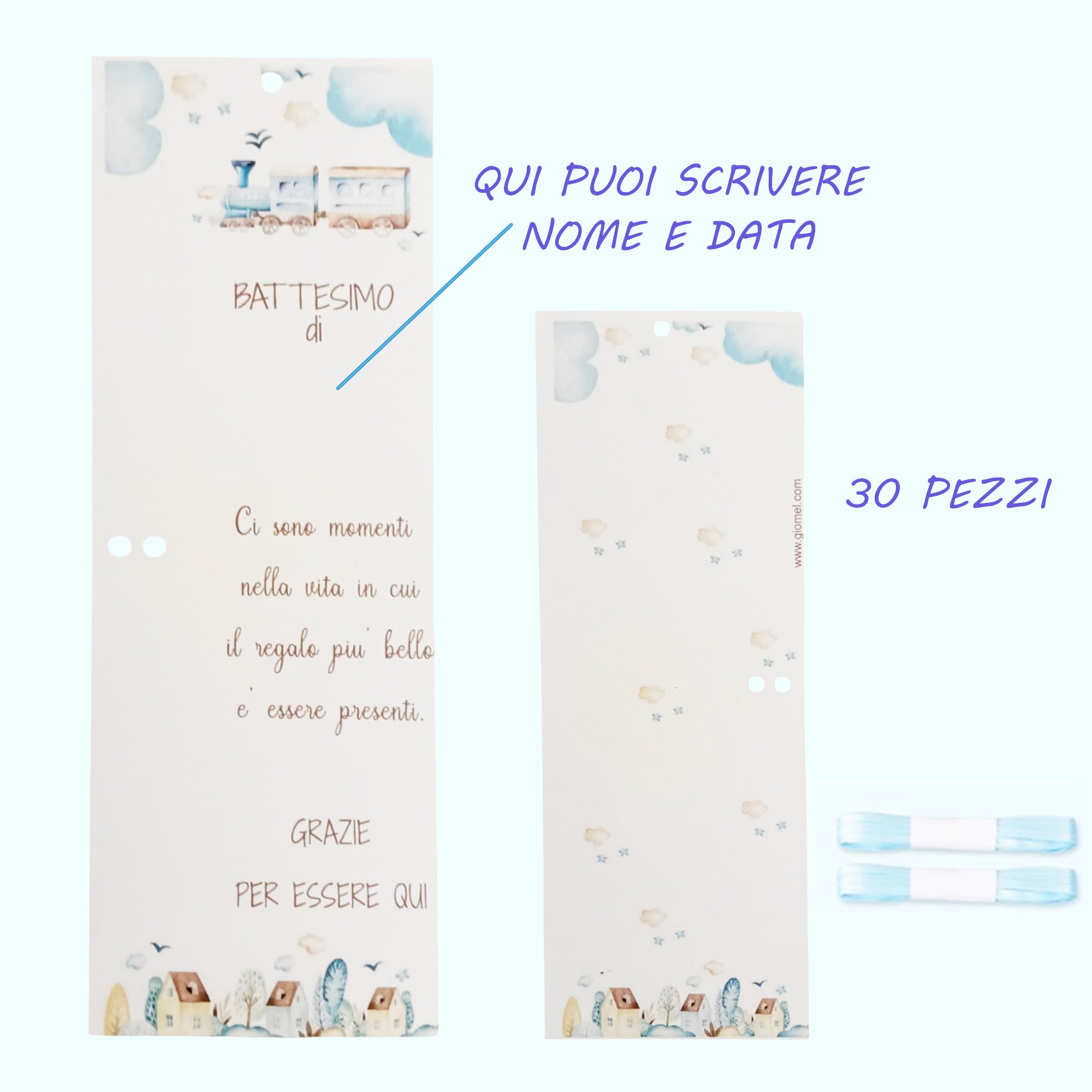 Segnaposto Battesimo Bimbo Trenino Segnalibri con Matite Bigliettini Cartoncini Ringraziamento, Decorazione Allestimento Tavolo 30 pz - Giomel