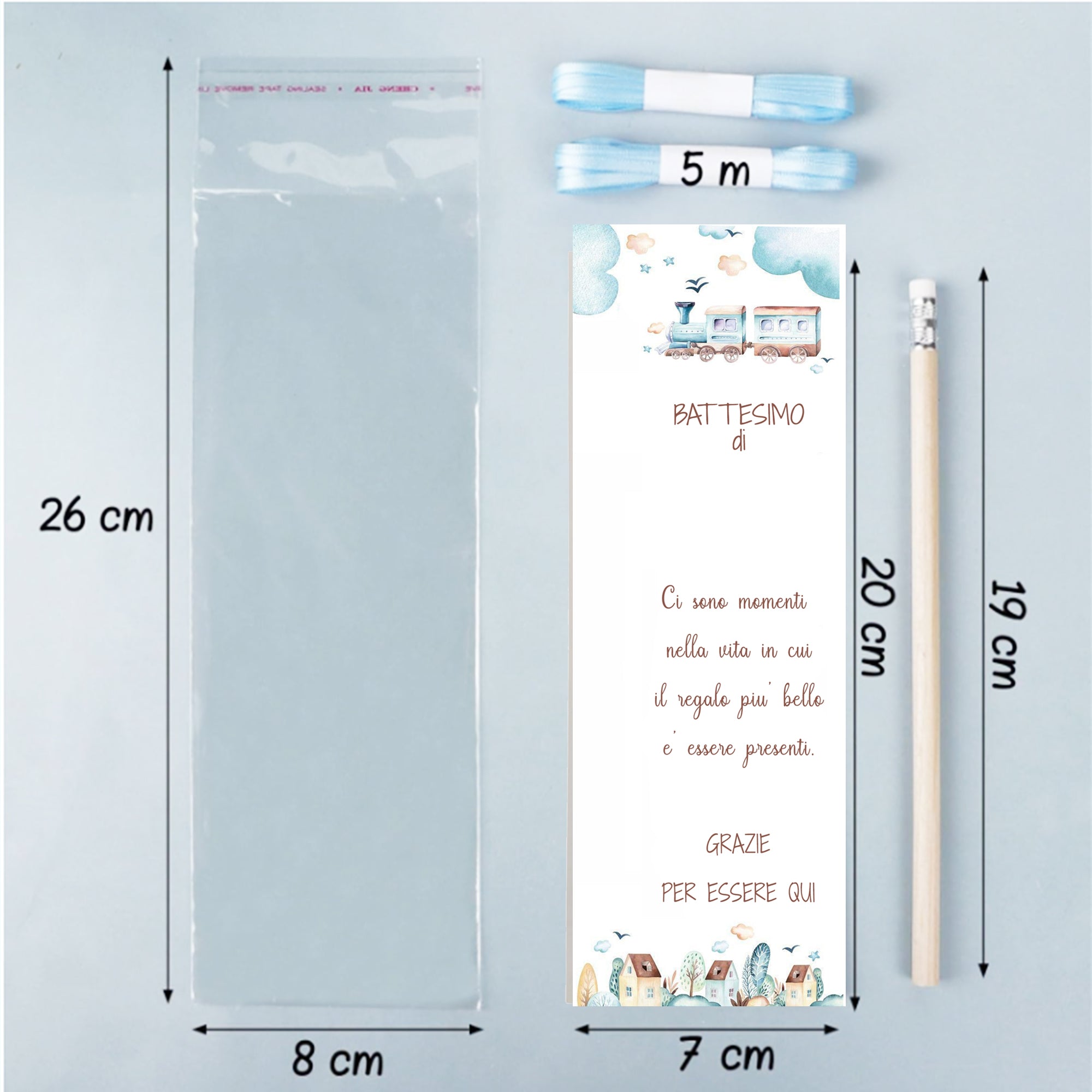 Segnaposto Battesimo Bimbo Trenino Segnalibri con Matite Bigliettini Cartoncini Ringraziamento, Decorazione Allestimento Tavolo 30 pz - Giomel