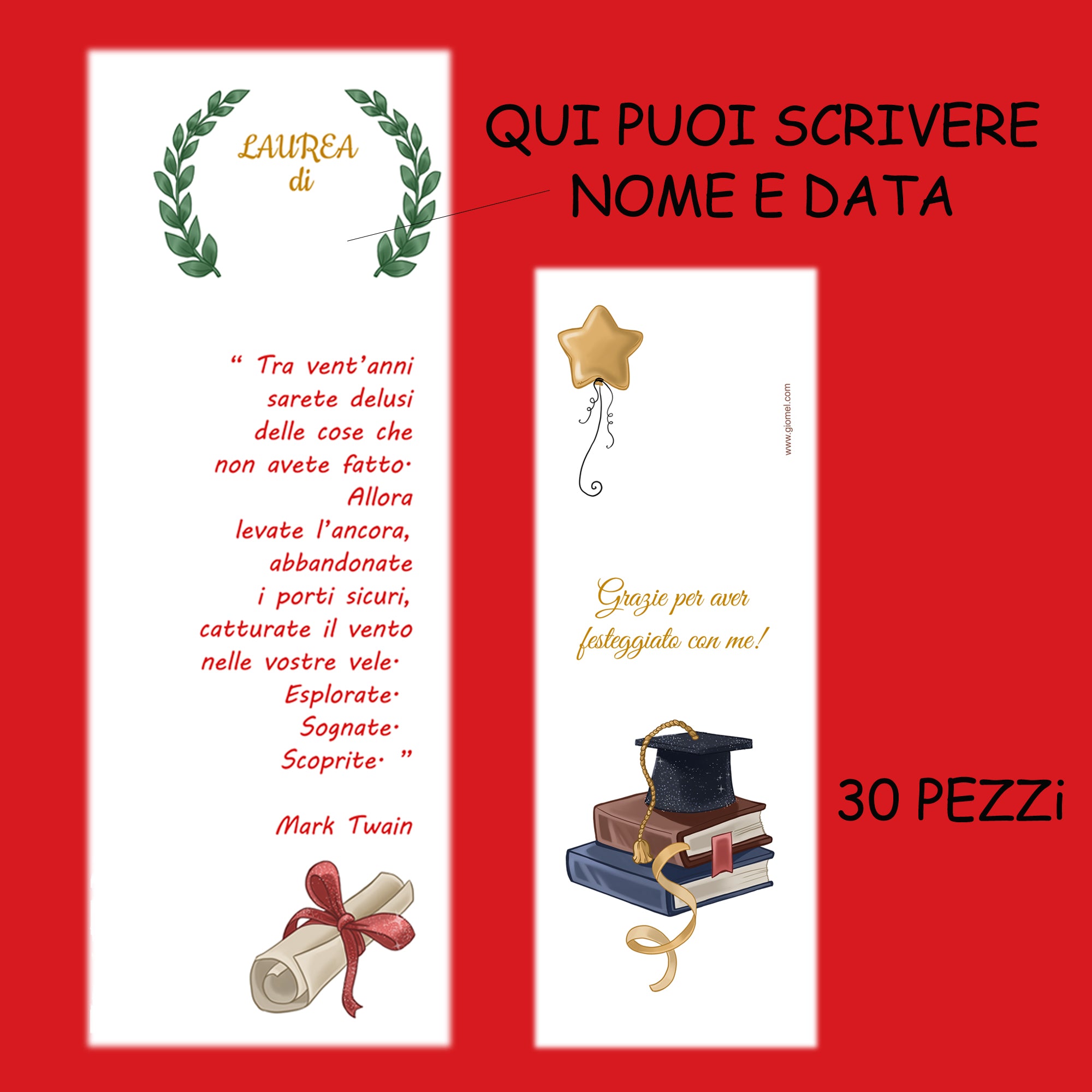 Segnaposto Laurea Segnalibri con Matite Bigliettini Cartoncini Ringraziamento Laurea, Decorazione Allestimento Tavolo Laurea (Rossa) - Giomel