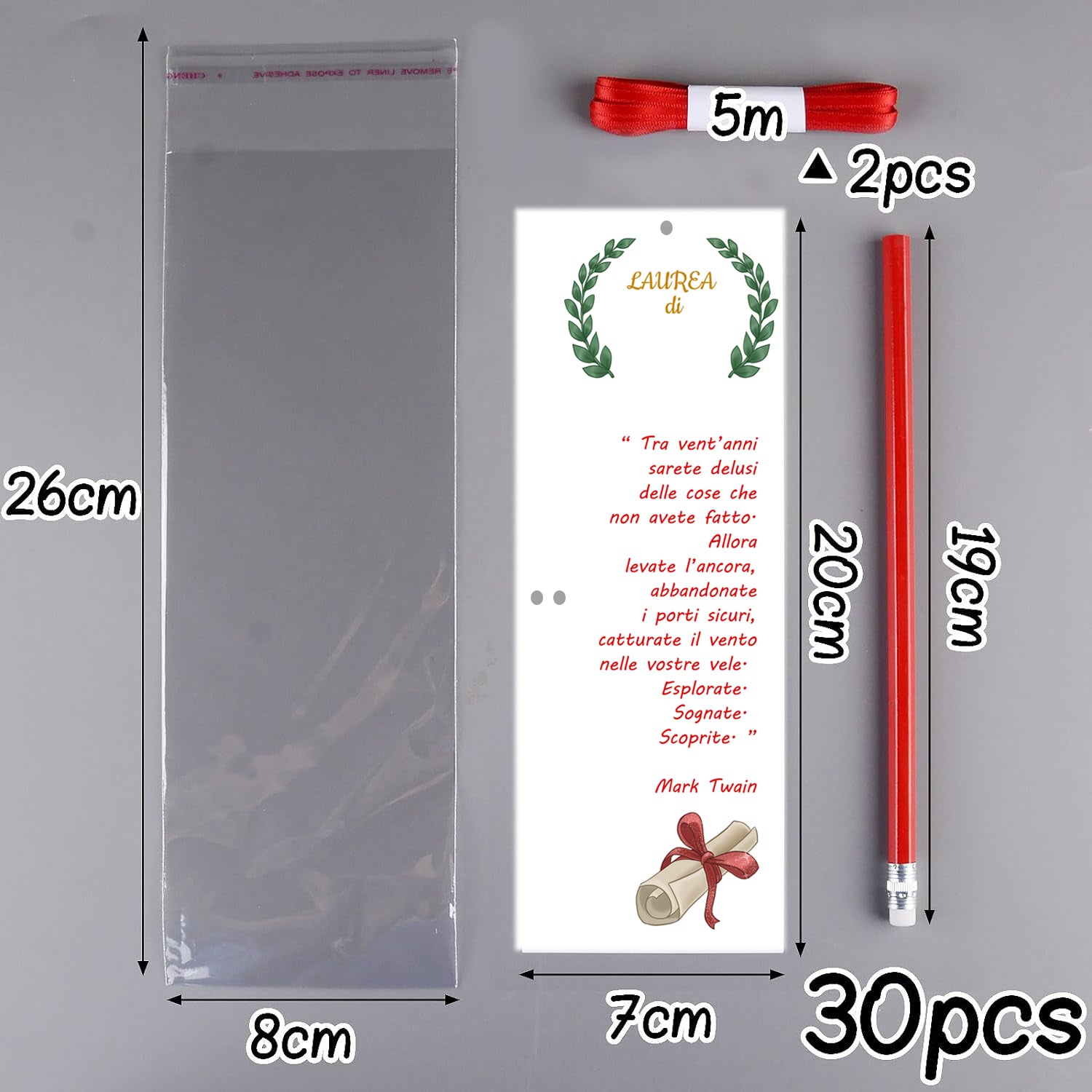 Segnaposto Laurea Segnalibri con Matite Bigliettini Cartoncini Ringraziamento Laurea, Decorazione Allestimento Tavolo Laurea (Rossa) - Giomel