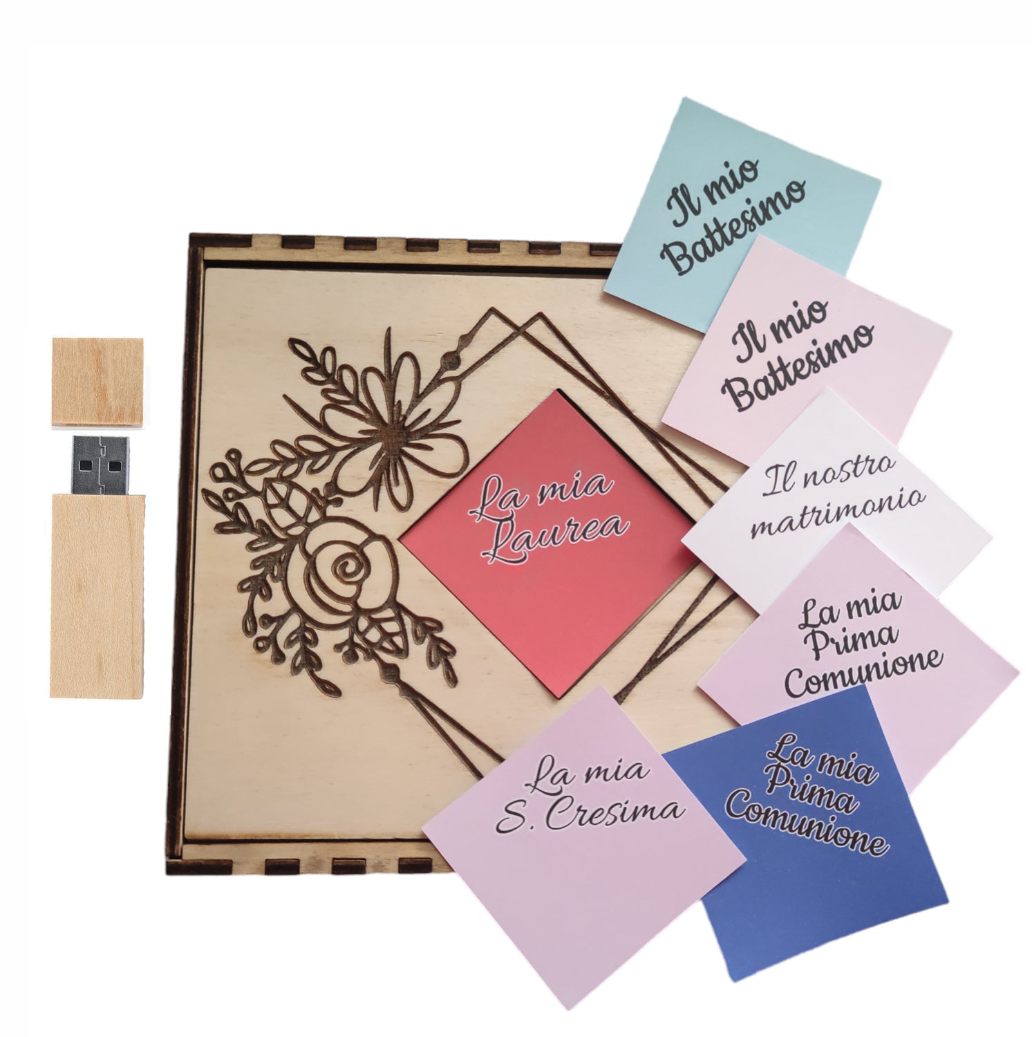 Scatola Album Fotografico con Pennetta USB in Legno Incisione sul Coperchio - Giomel