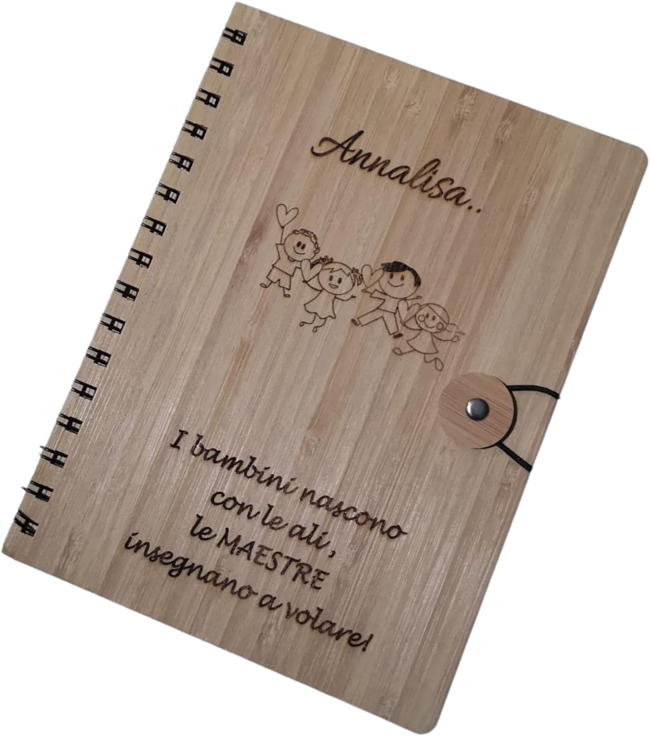 Diario Personalizzato Maestra Annalisa Pezzo Unico Taccuino in Bambu' con Incisione Regalo Particolare 21,5 x 16 cm con Anelli Regalo Compleanno 160 Pagine Carta Riciclata - Giomel