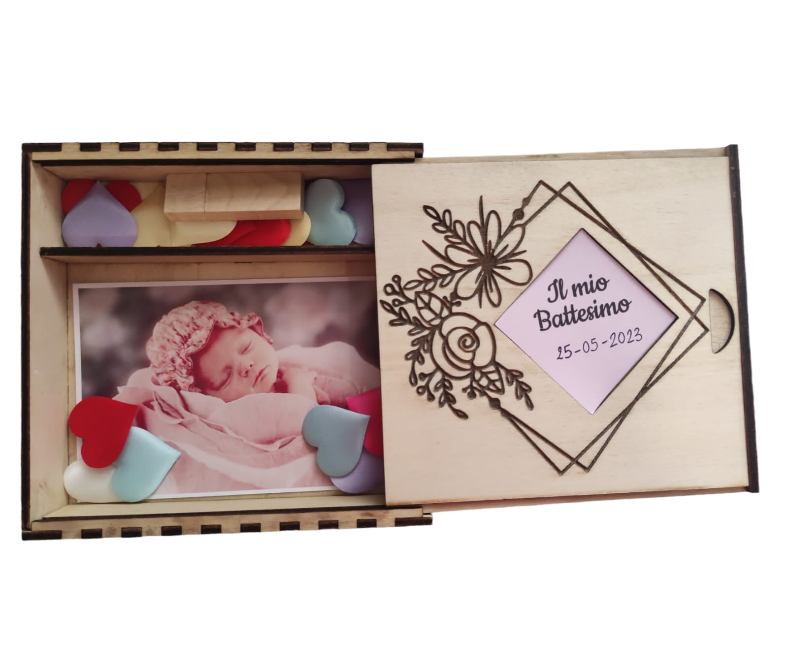 Scatola Album Fotografico con Pennetta USB in Legno Incisione sul Coperchio - Giomel