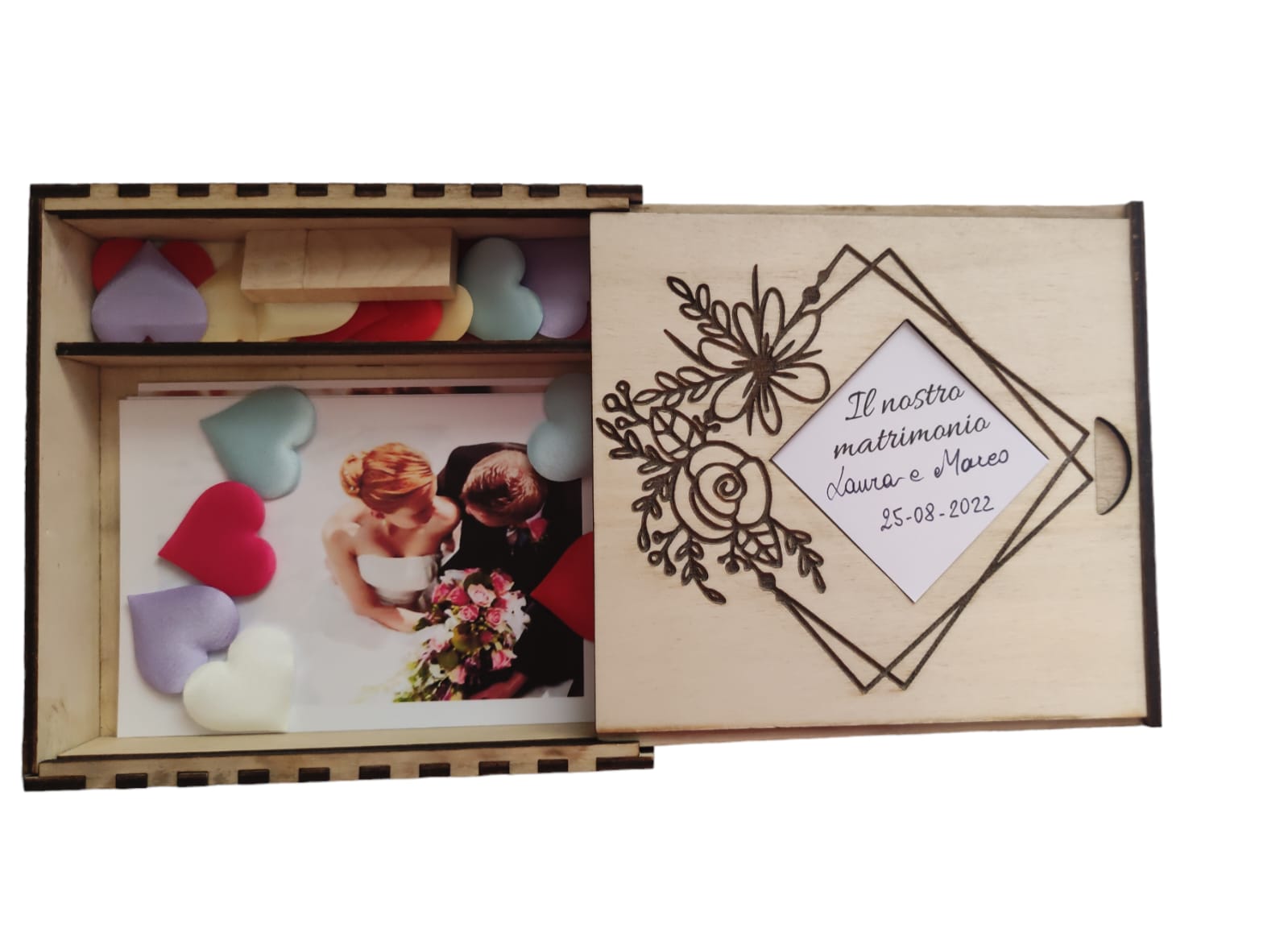Scatola Album Fotografico con Pennetta USB in Legno Incisione sul Coperchio - Giomel