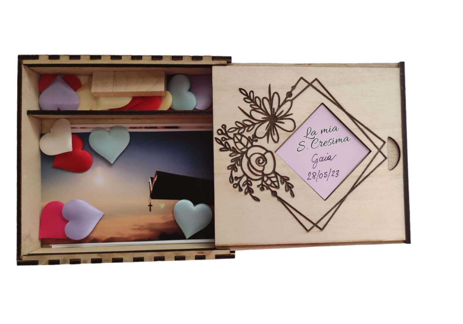 Scatola Album Fotografico con Pennetta USB in Legno Incisione sul Coperchio - Giomel