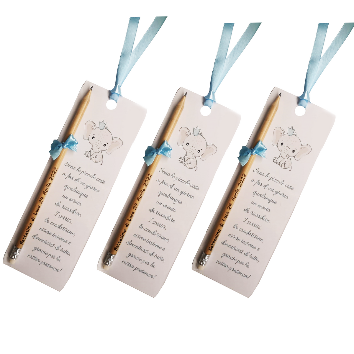 Segnaposto Battesimo Elefantino Celesti Segnalibro con Matita Incisa Personalizzata con Nome e Data 20x7 cm Frase di Papa Francesco oppure a Scelta - Giomel