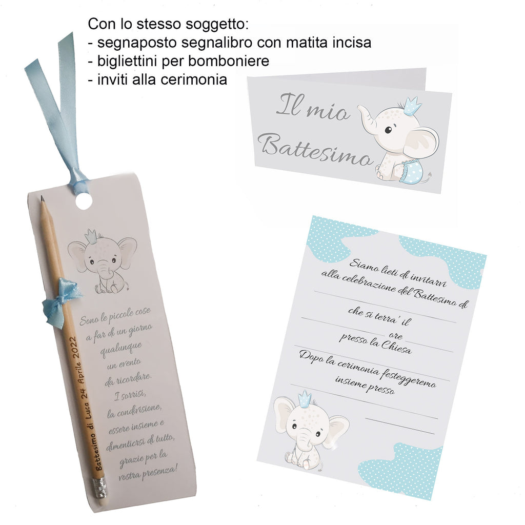 Segnaposto Battesimo Elefantino Celesti Segnalibro con Matita Incisa Personalizzata con Nome e Data 20x7 cm Frase di Papa Francesco oppure a Scelta - Giomel