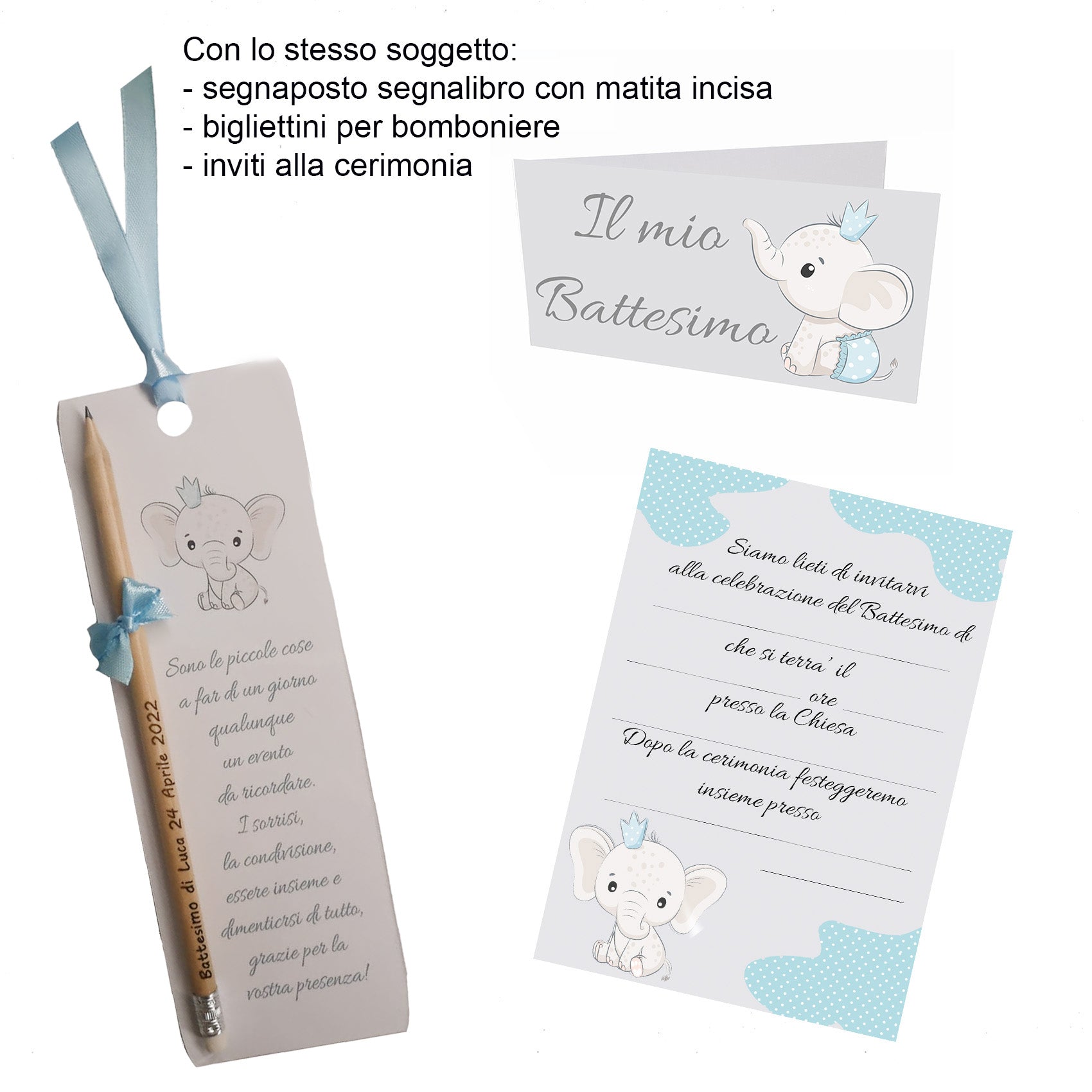 Segnaposto Battesimo Elefantino Celesti Segnalibro con Matita Incisa Personalizzata con Nome e Data 20x7 cm Frase di Papa Francesco oppure a Scelta - Giomel