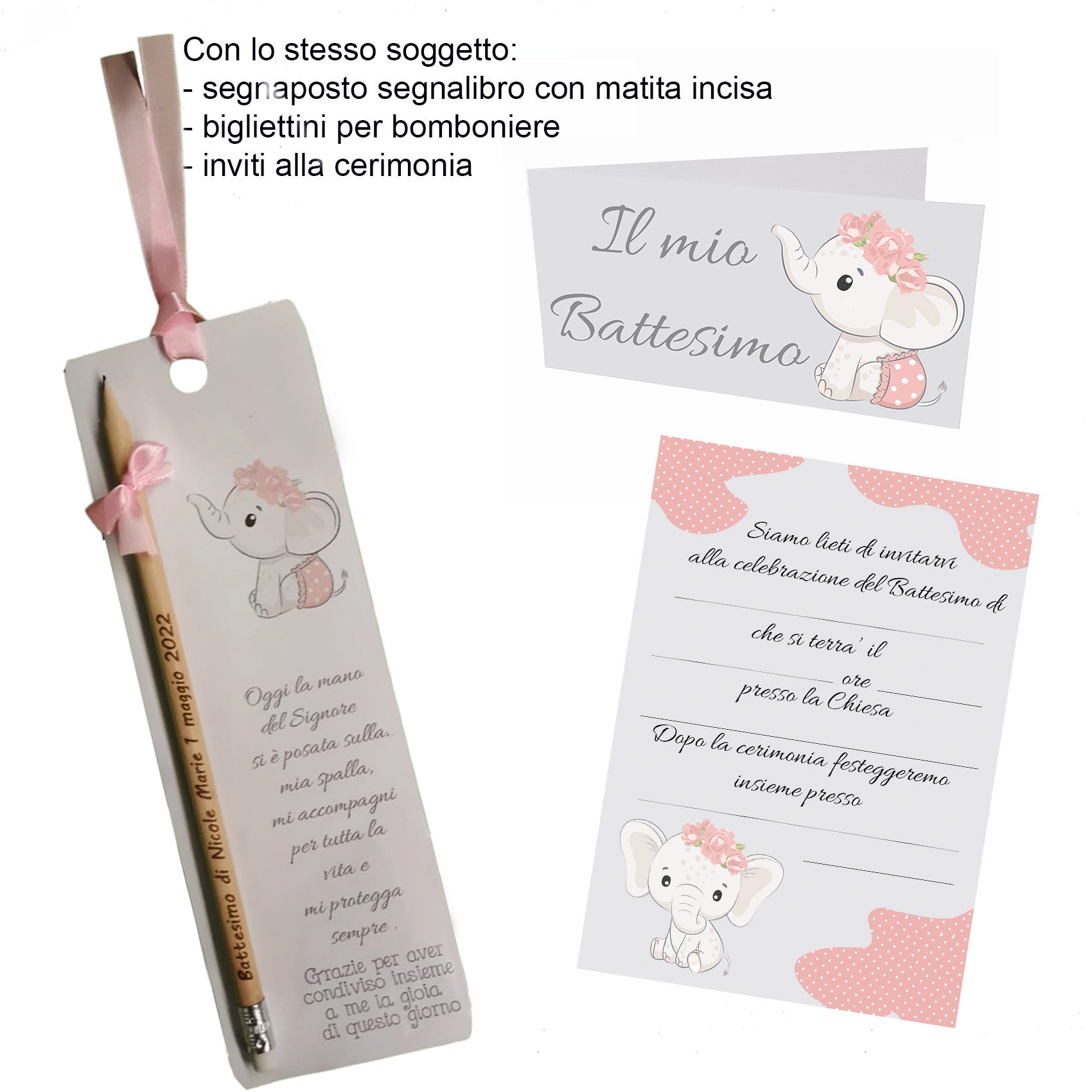 Segnaposto Battesimo Elefantino Rosa Segnalibro con Matita Incisa Personalizzata con Nome e Data 20x7 cm Frase di Papa Francesco oppure a Scelta - Giomel