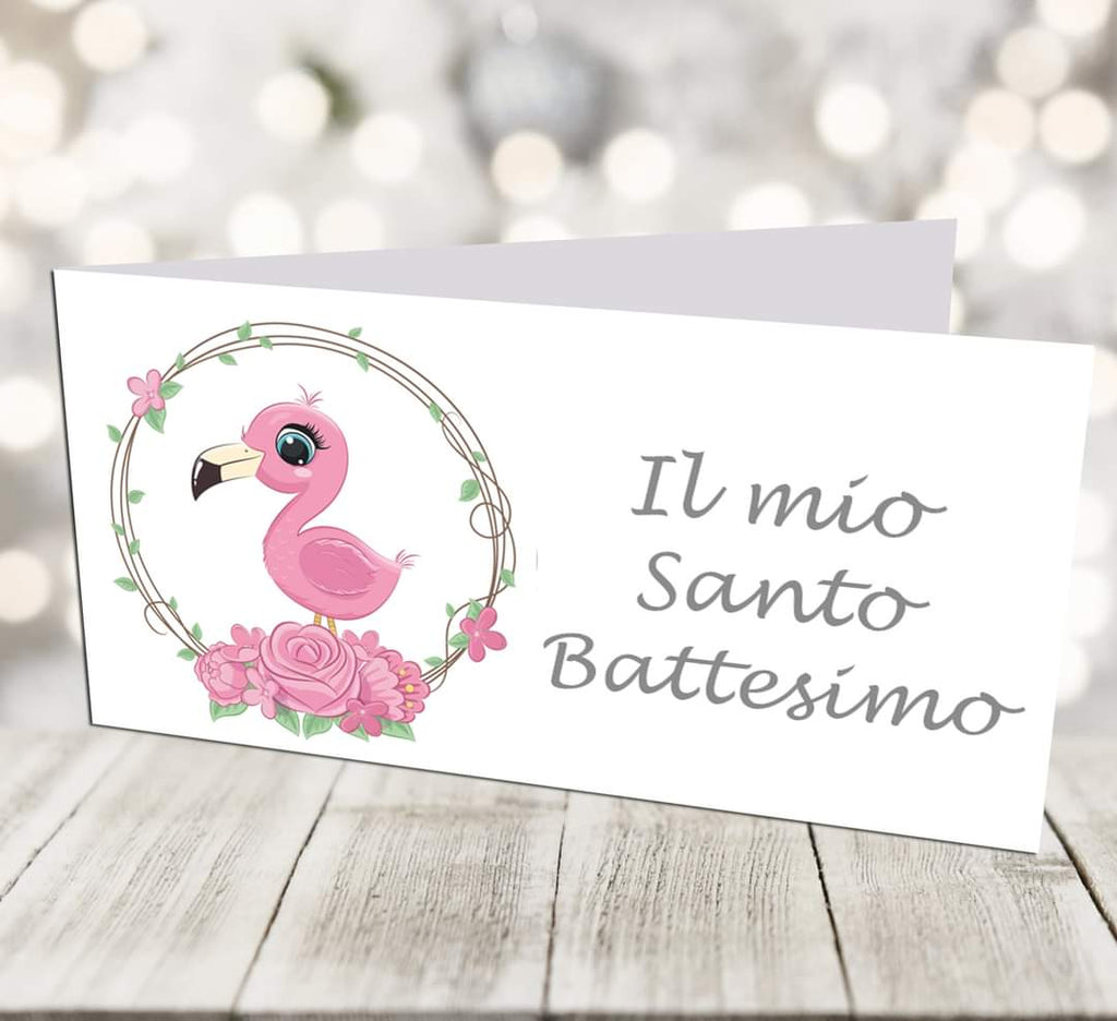 BIGLIETTINI BOMBONIERE BATTESIMO FENICOTTERO - Giomel