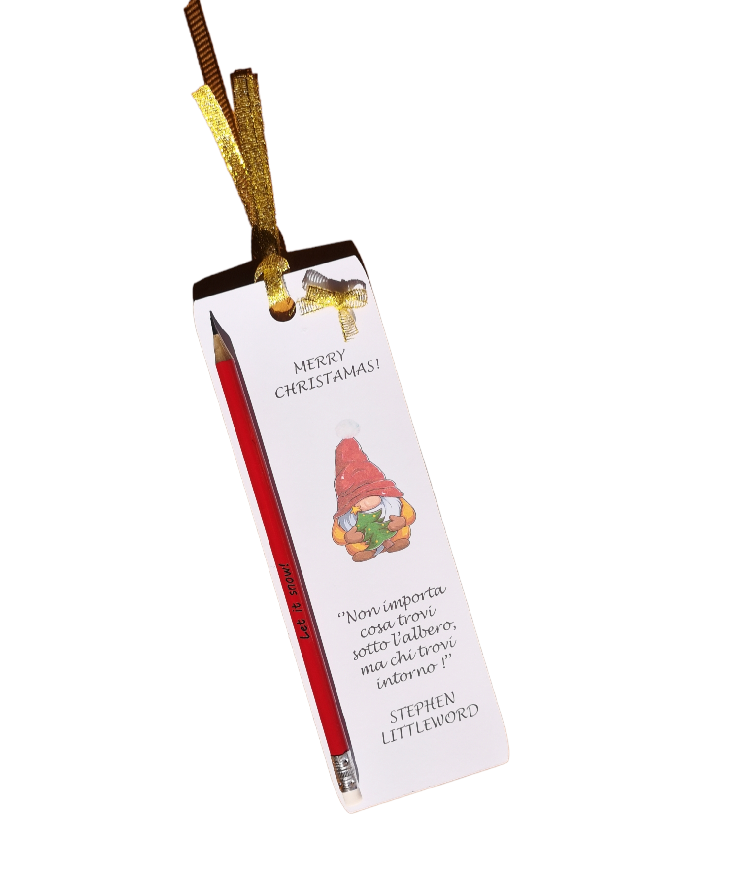 Segnaposto Natale Gnomo Renna Giomel Segnalibro con Matita Incisa Personalizzata 20x7 cm Citazione Famosa a Scelta - Giomel