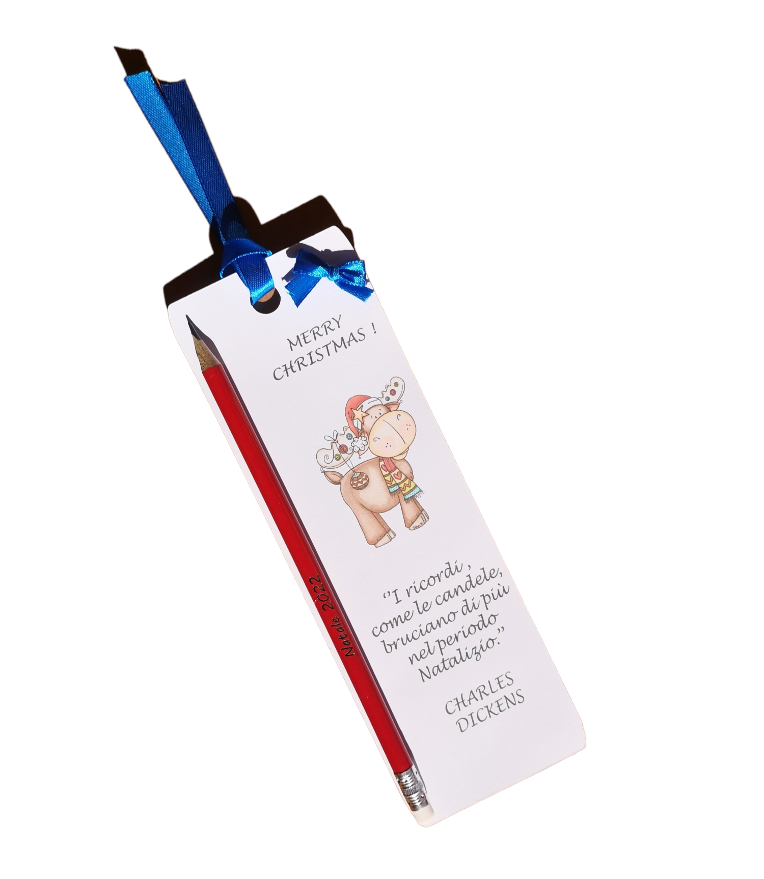 Segnaposto Natale Gnomo Renna Giomel Segnalibro con Matita Incisa Personalizzata 20x7 cm Citazione Famosa a Scelta - Giomel
