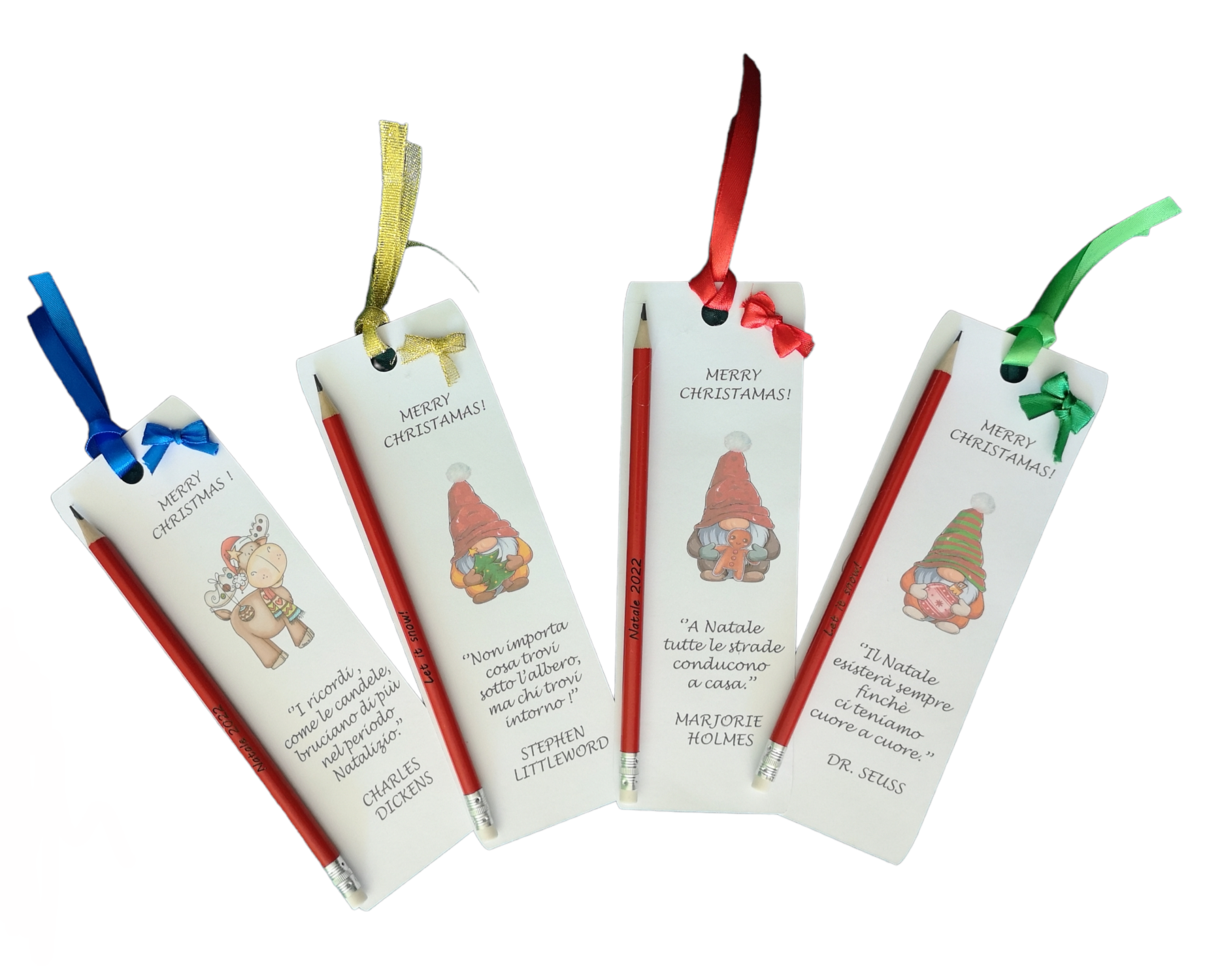 Segnaposto Natale Gnomo Renna Giomel Segnalibro con Matita Incisa Personalizzata 20x7 cm Citazione Famosa a Scelta - Giomel