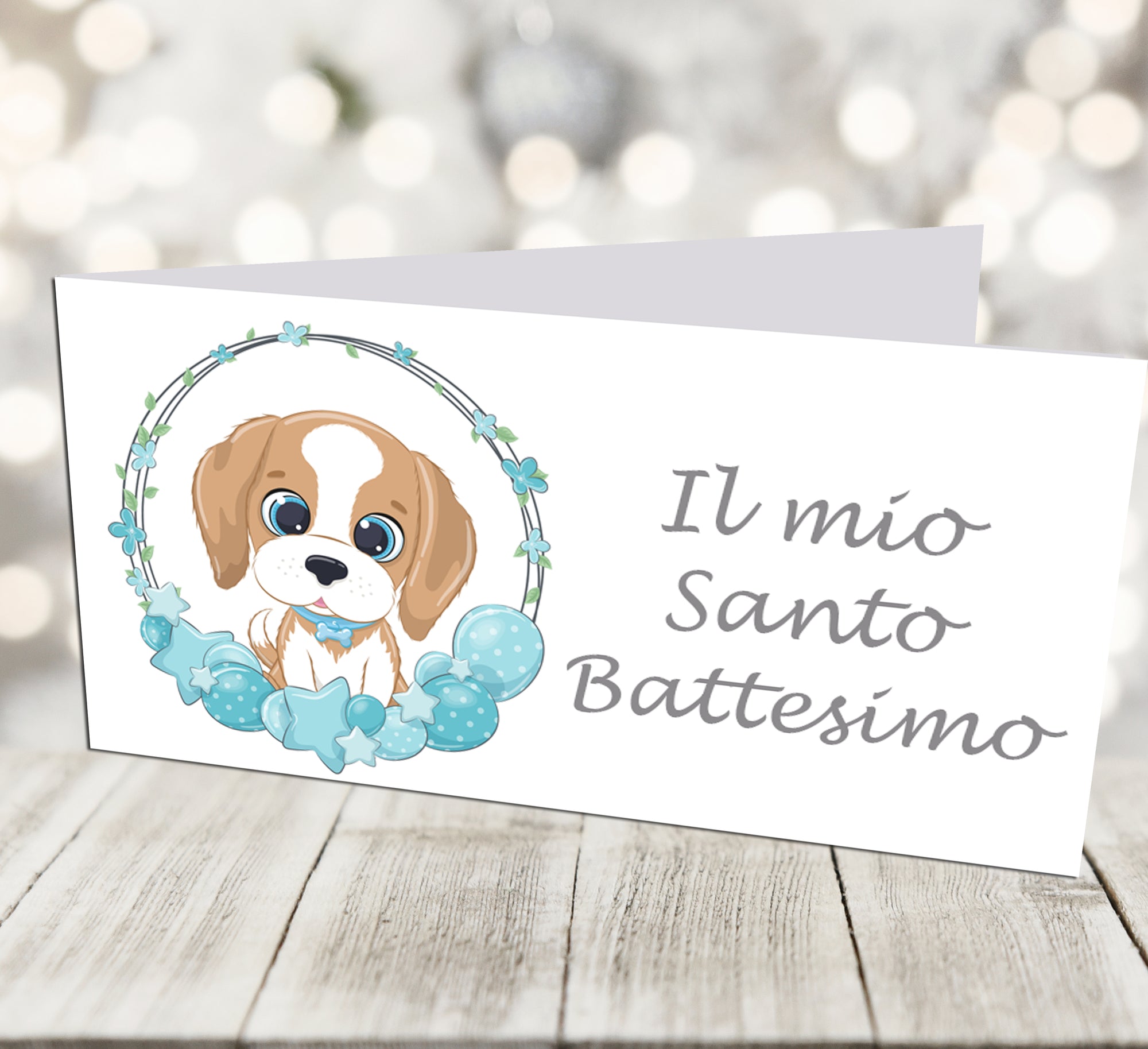 BIGLIETTINI BOMBONIERE BATTESIMO CAGNOLINO CELESTE - Giomel
