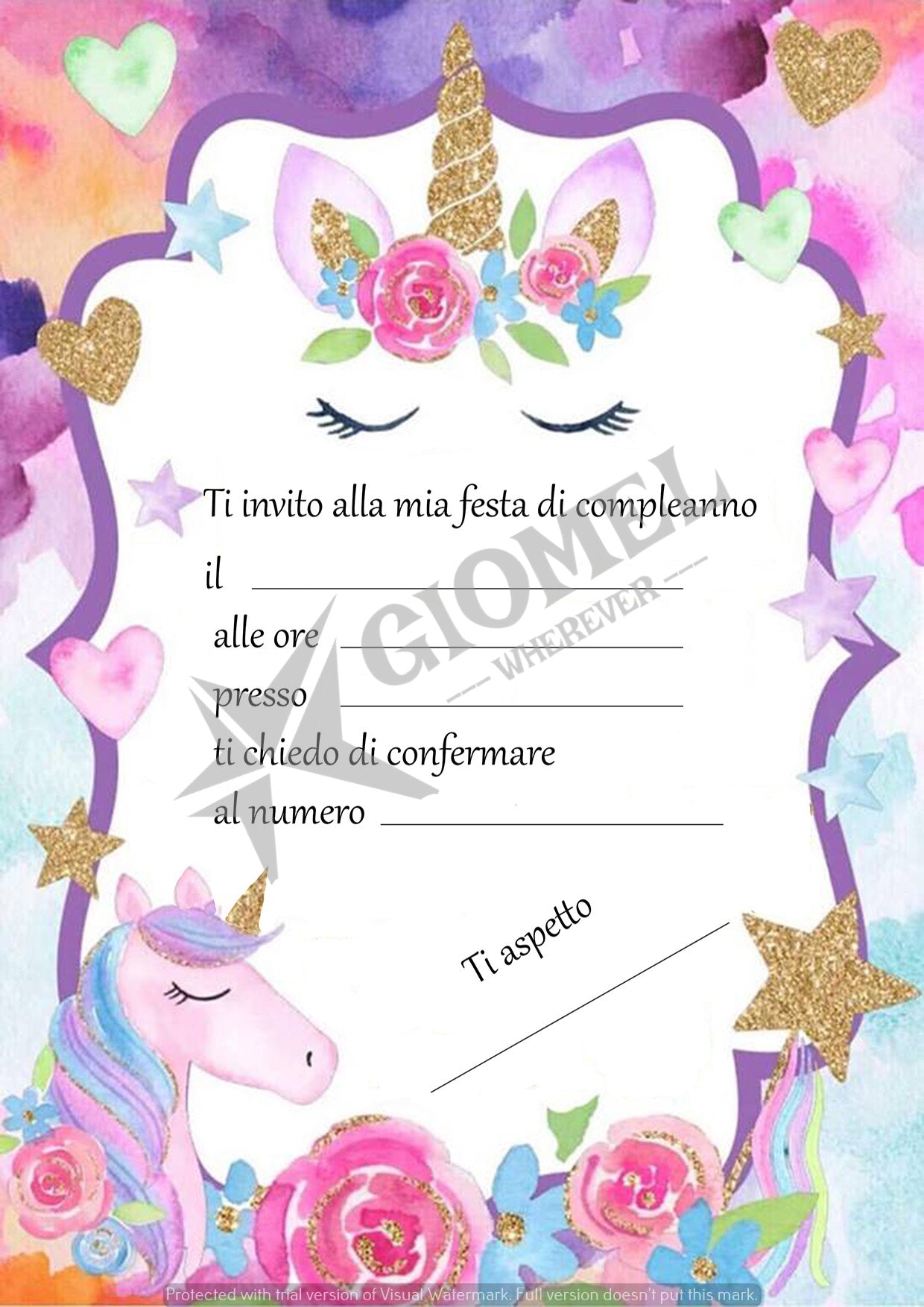 INVITI COMPLEANNO A TEMA UNICORNO PZ 30 - Giomel